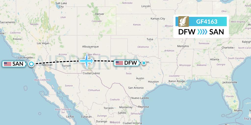 GF4163 Gulf Air Flight Map: Dallas to San Diego