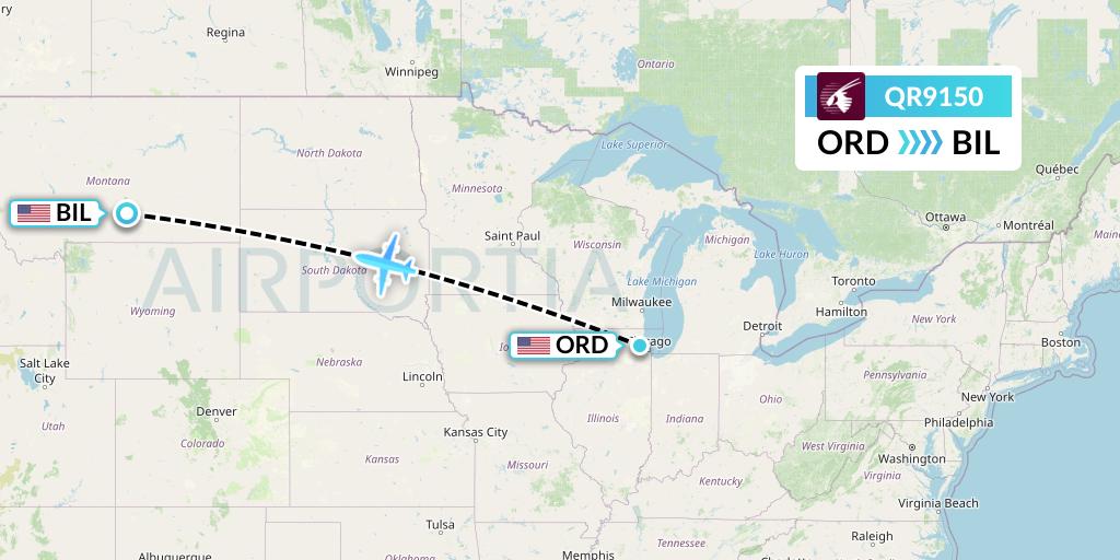 QR9150 Qatar Airways Flight Map: Chicago to Billings