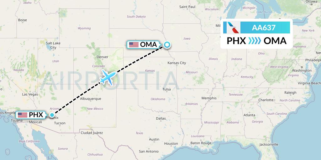 AA637 American Airlines Flight Map: Phoenix to Omaha