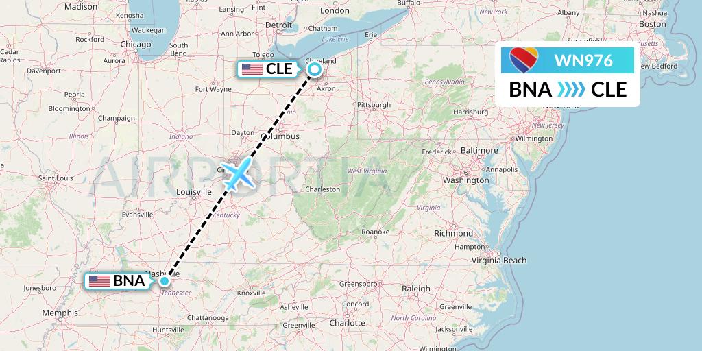 WN976 Southwest Airlines Flight Map: Nashville to Cleveland