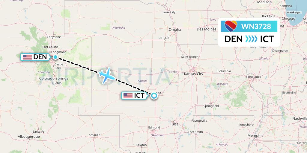 WN3728 Southwest Airlines Flight Map: Denver to Wichita
