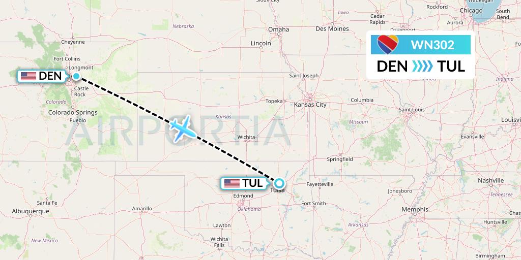 WN302 Southwest Airlines Flight Map: Denver to Tulsa