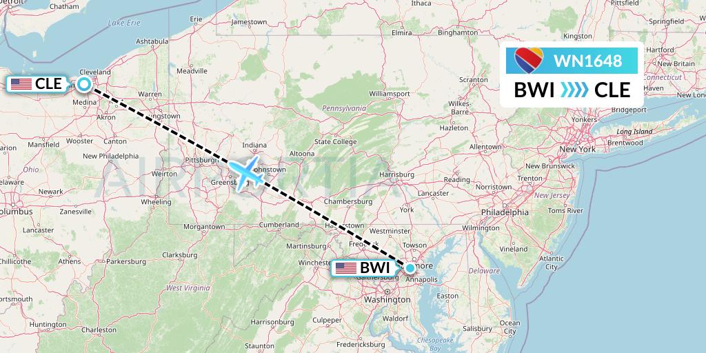 WN1648 Southwest Airlines Flight Map: Baltimore to Cleveland