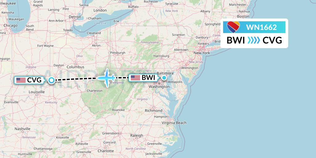 WN1662 Southwest Airlines Flight Map: Baltimore to Cincinnati