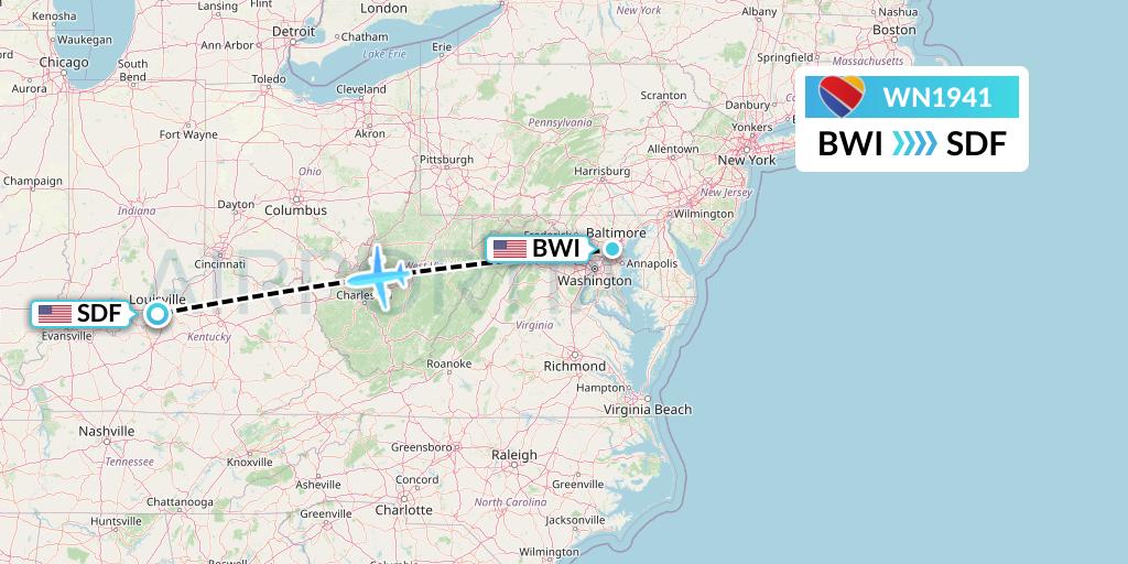 WN1941 Southwest Airlines Flight Map: Baltimore to Louisville