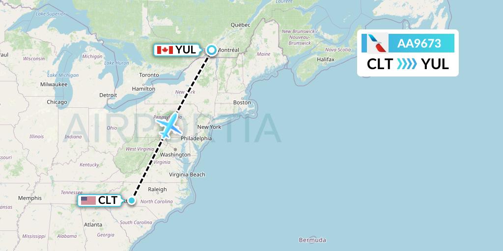 AA9673 American Airlines Flight Map: Charlotte to Montreal