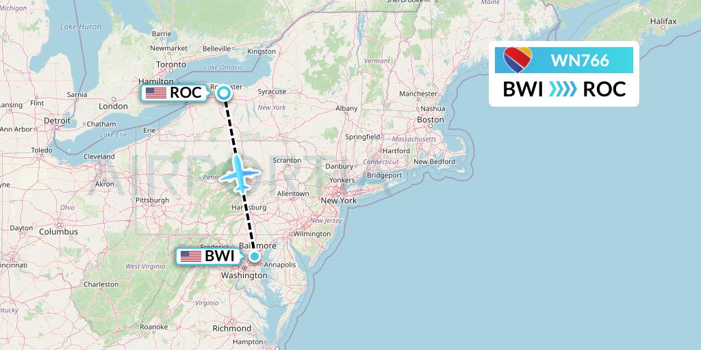 WN766 Southwest Airlines Flight Map: Baltimore to Rochester