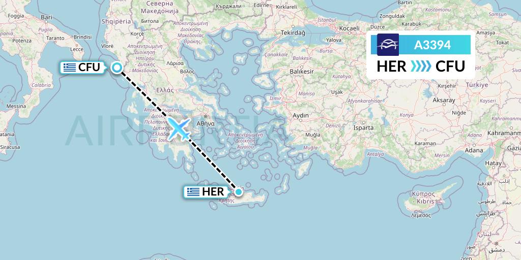 A3394 Aegean Airlines Flight Map: Heraklion to Corfu