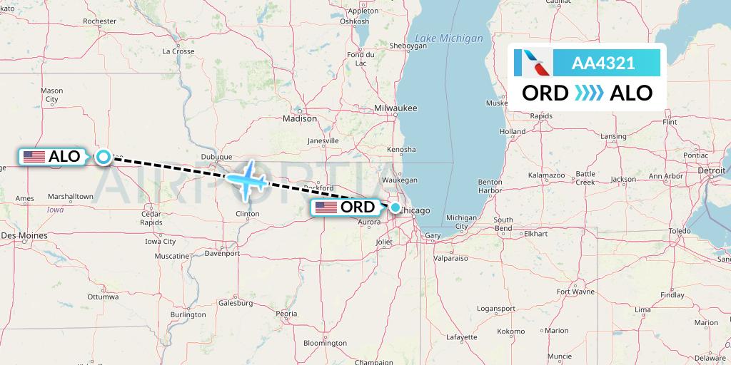 AA4321 American Airlines Flight Map: Chicago to Waterloo