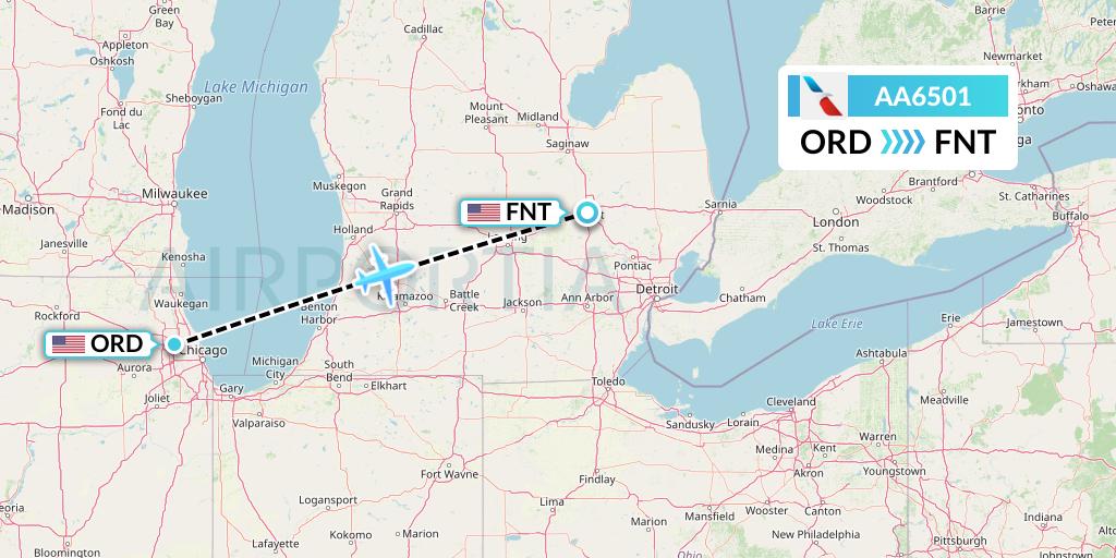 AA6501 American Airlines Flight Map: Chicago to Flint