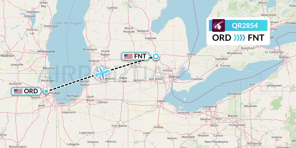 QR2854 Qatar Airways Flight Map: Chicago to Flint