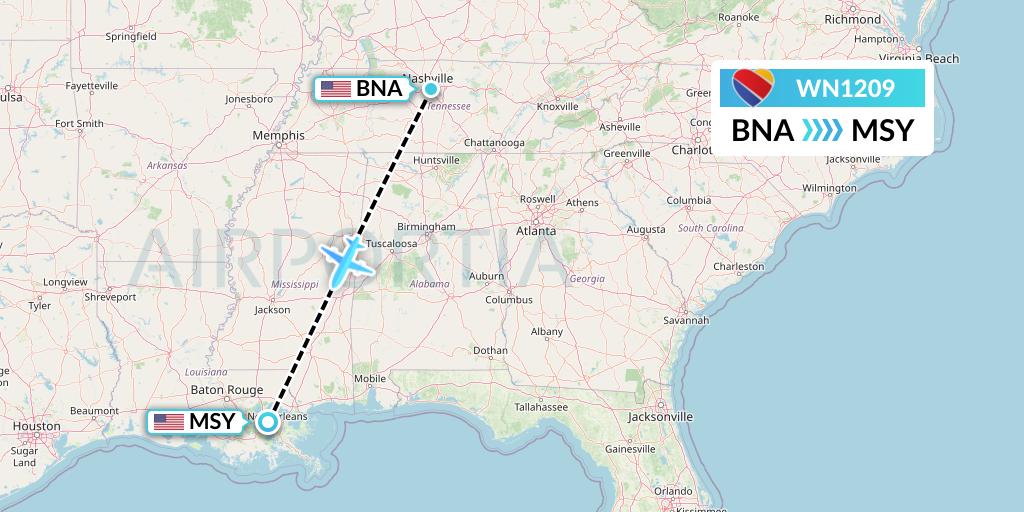 WN1209 Southwest Airlines Flight Map: Nashville to New Orleans