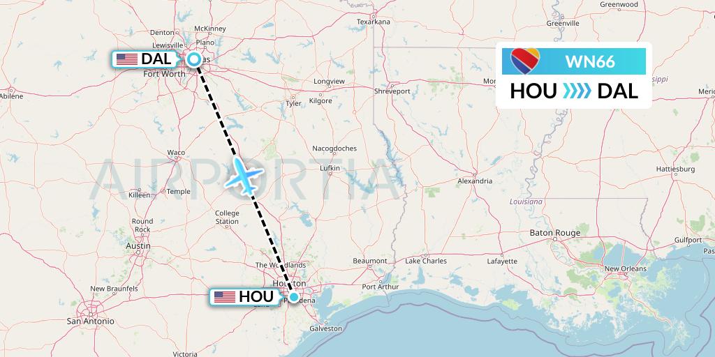 WN66 Southwest Airlines Flight Map: Houston to Dallas