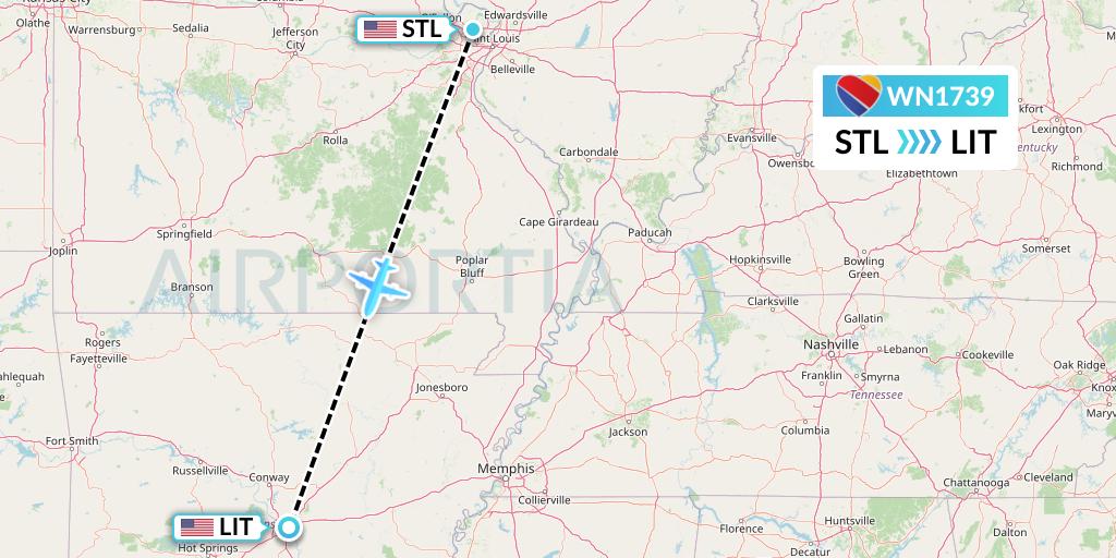 WN1739 Southwest Airlines Flight Map: St. Louis to Little Rock