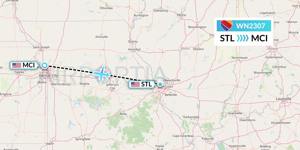 WN2307 Southwest Airlines Flight Map: St. Louis to Kansas City