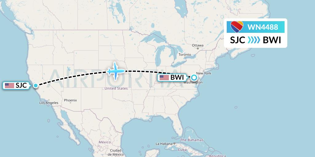 WN4488 Southwest Airlines Flight Map: San Jose to Baltimore