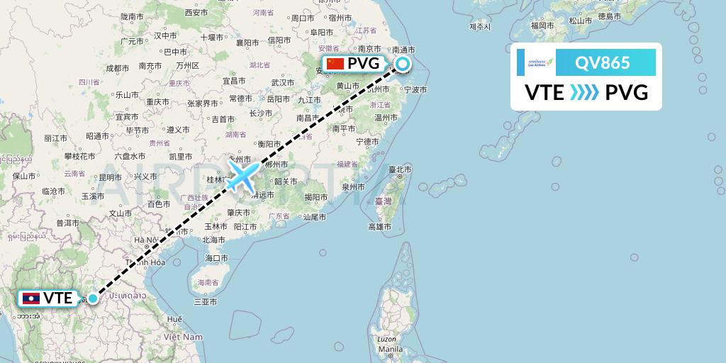 QV865 Lao Airlines Flight Map: Vientiane to Shanghai