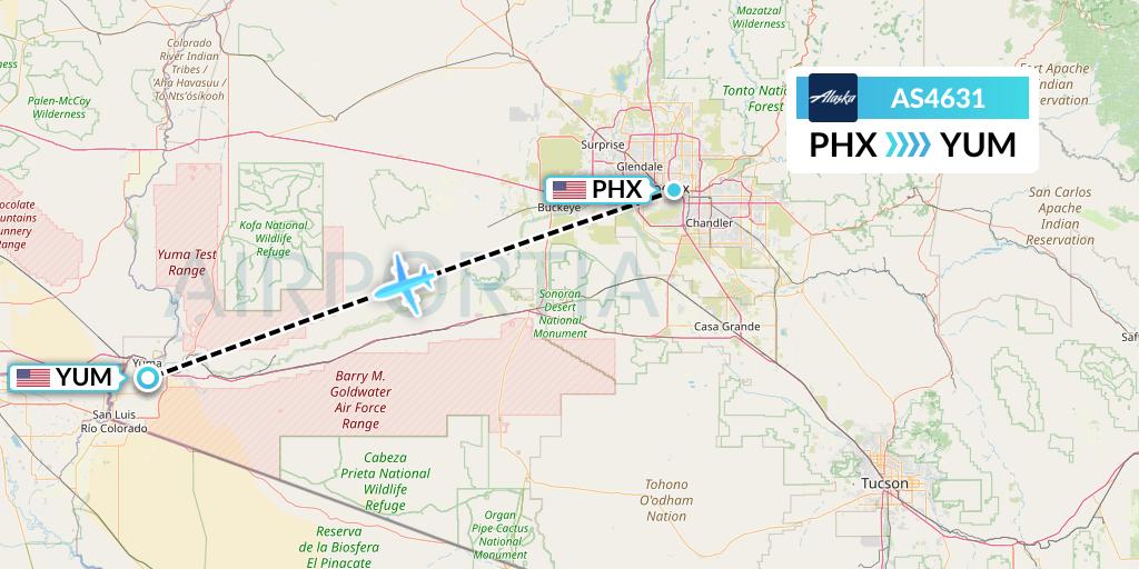 AS4631 Alaska Airlines Flight Map: Phoenix to Yuma