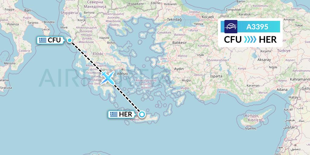 A3395 Aegean Airlines Flight Map: Corfu to Heraklion