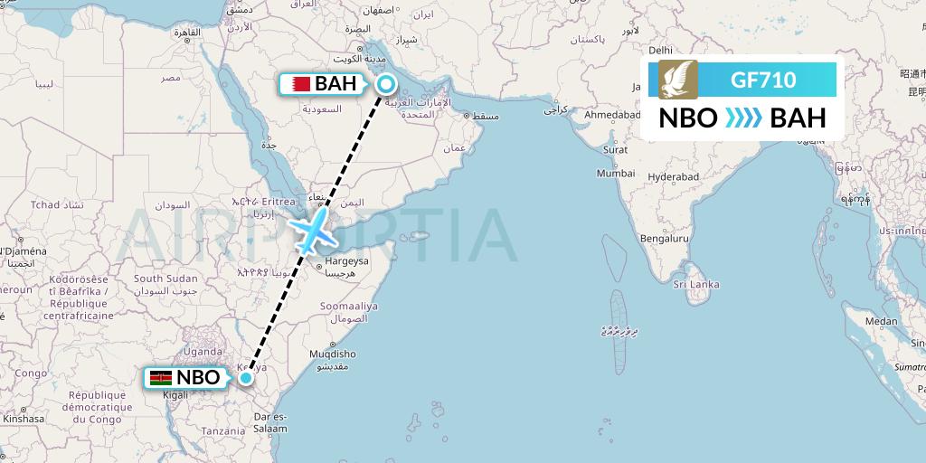 GF710 Gulf Air Flight Map: Nairobi to Bahrain