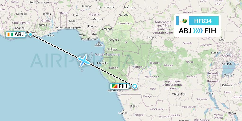 HF834 Air Cote d'Ivoire Flight Map: Abidjan to Kinshasa