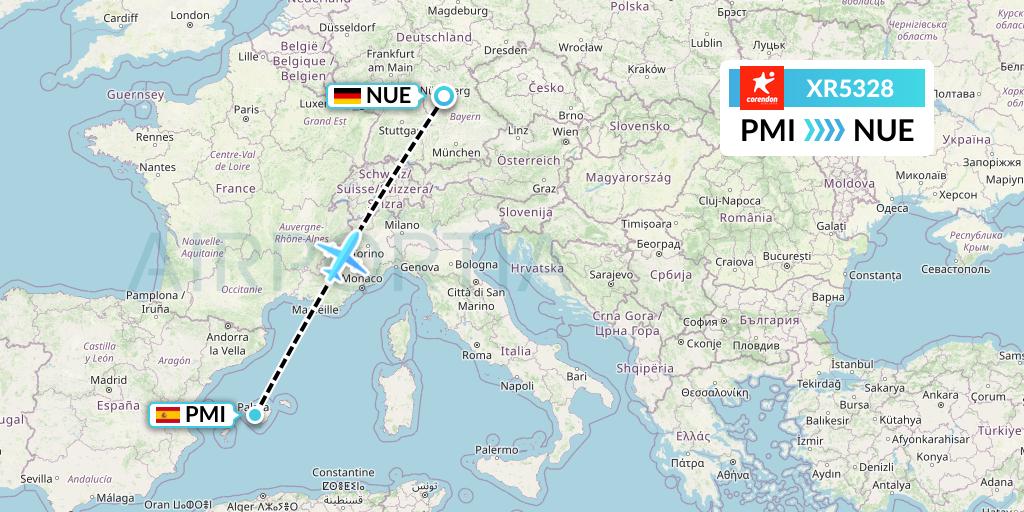 XR5328 Corendon Airlines Europe Flight Map: Palma de Mallorca to Nurnberg