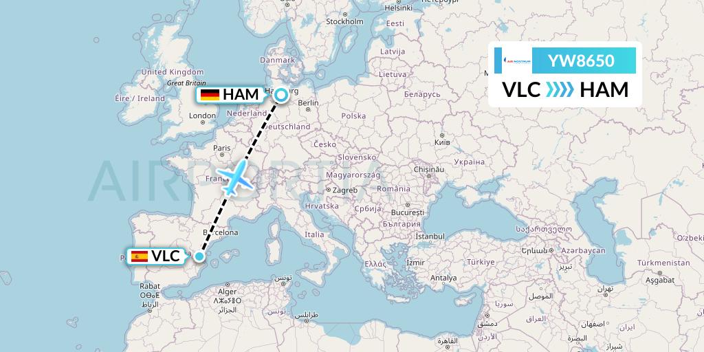 YW8650 Air Nostrum Flight Map: Valencia to Hamburg