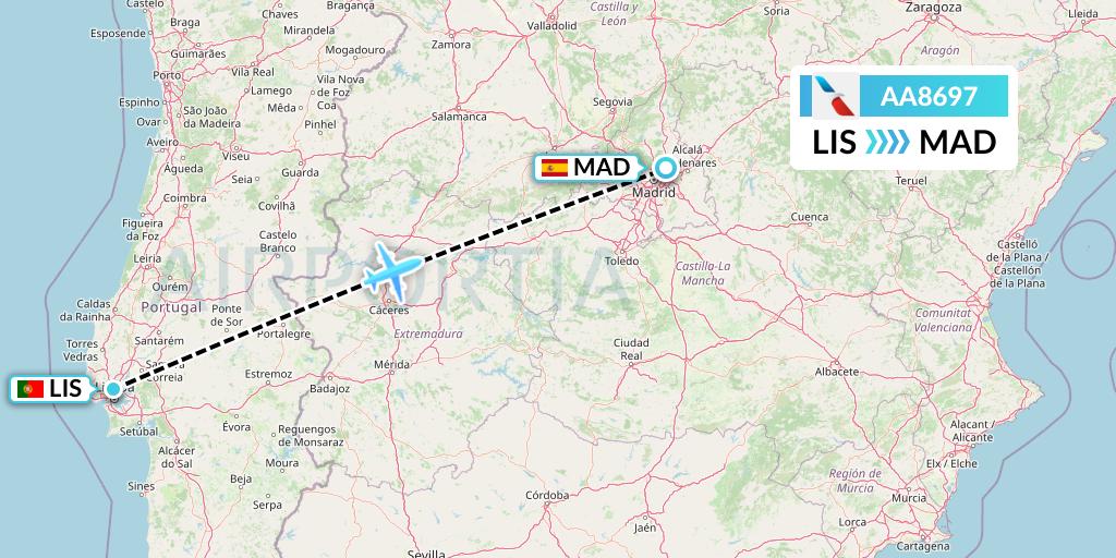 AA8697 American Airlines Flight Map: Lisbon to Madrid