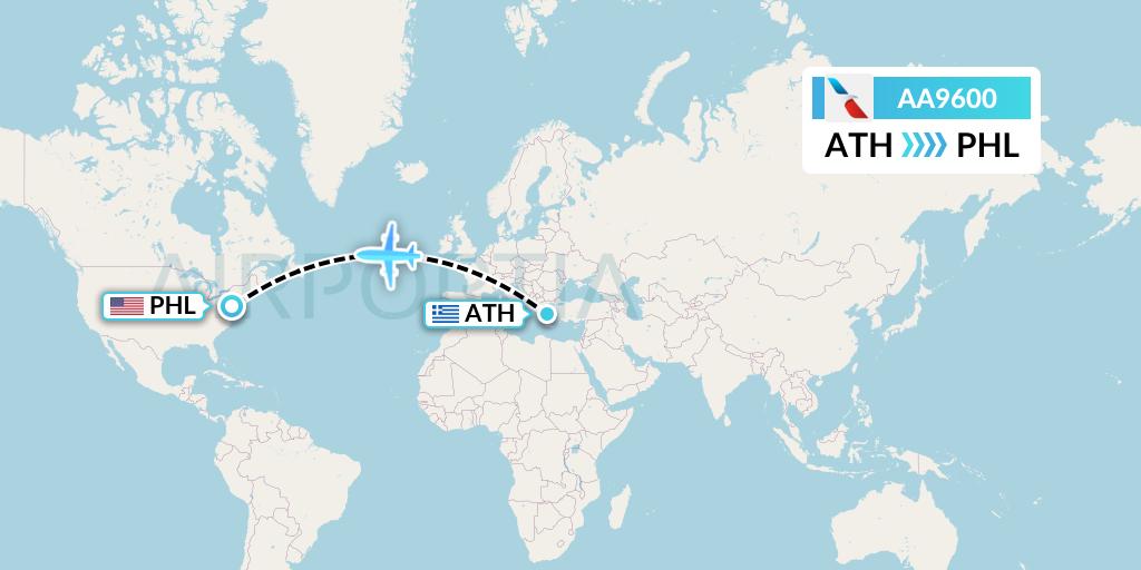 AA9600 American Airlines Flight Map: Athens to Philadelphia