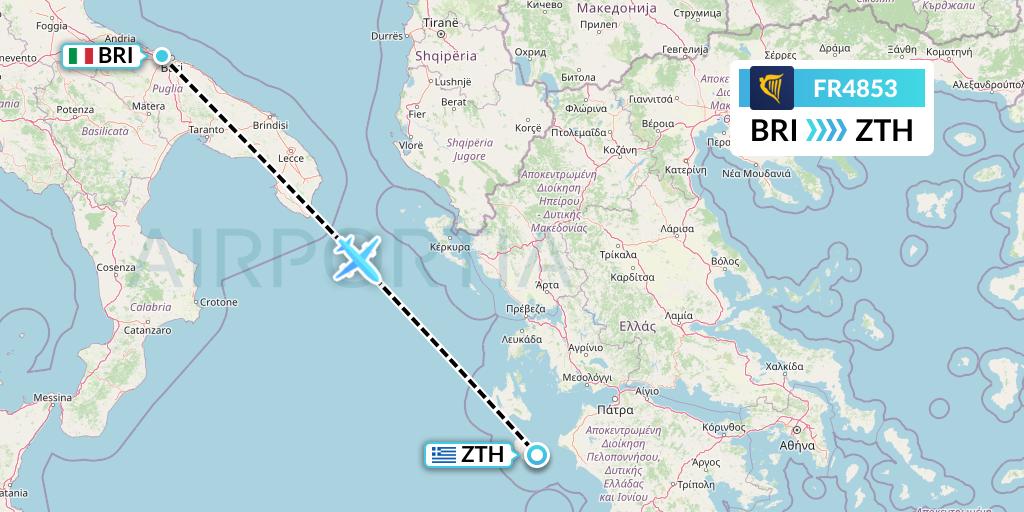 FR4853 Ryanair Flight Map: Bari to Zakynthos