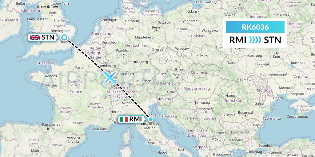 RK6036 Ryanair UK Flight Map: Rimini to London