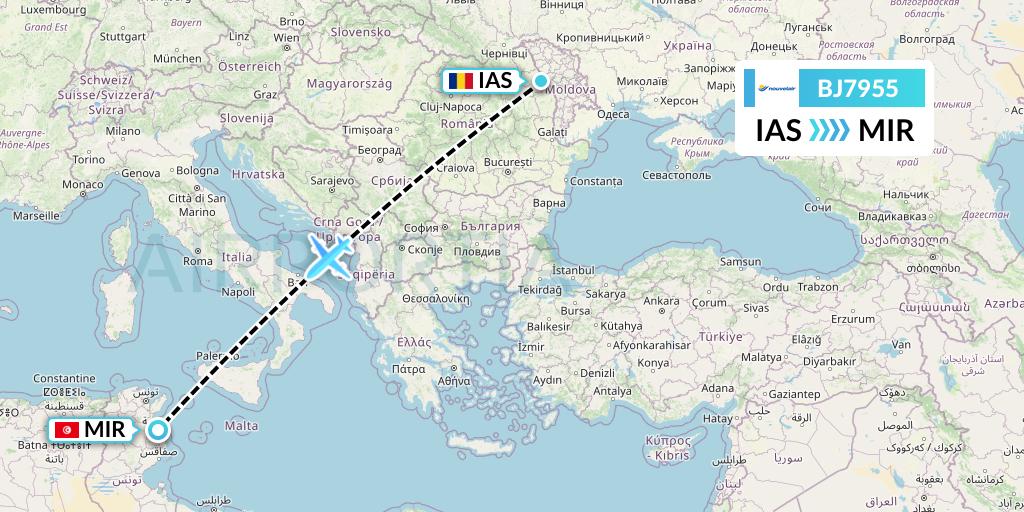 BJ7955 Nouvelair Tunisie Flight Map: Iasi to Monastir