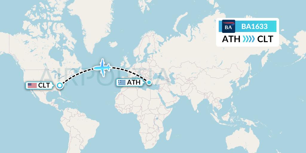 BA1633 British Airways Flight Map: Athens to Charlotte