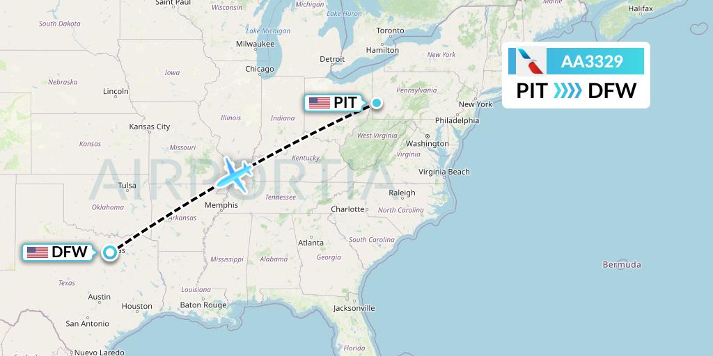 AA3329 American Airlines Flight Map: Pittsburgh to Dallas