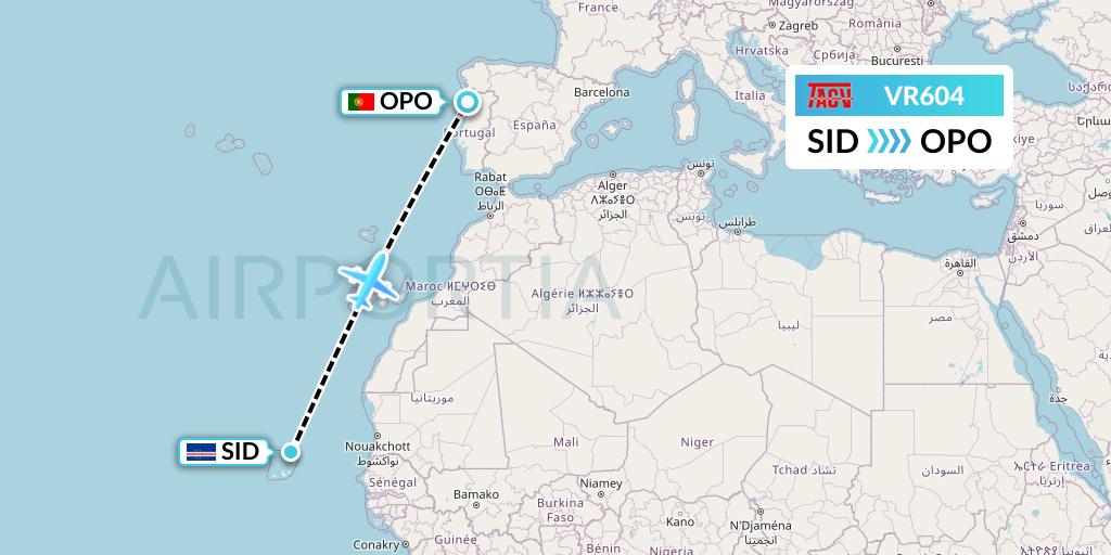 VR604 TACV Cape Verde Airlines Flight Map: Espargos to Porto