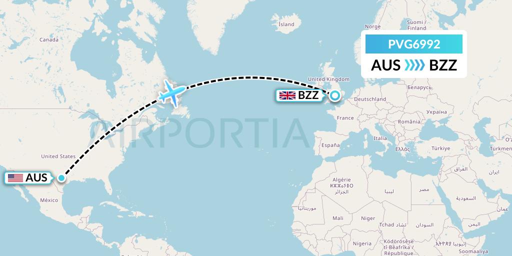 PVG6992 Privilege Style Flight Map: Austin to Brize Norton