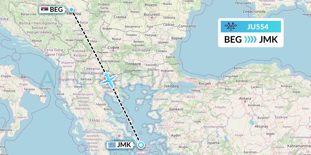 JU554 AirSERBIA Flight Map: Belgrade to Mykonos