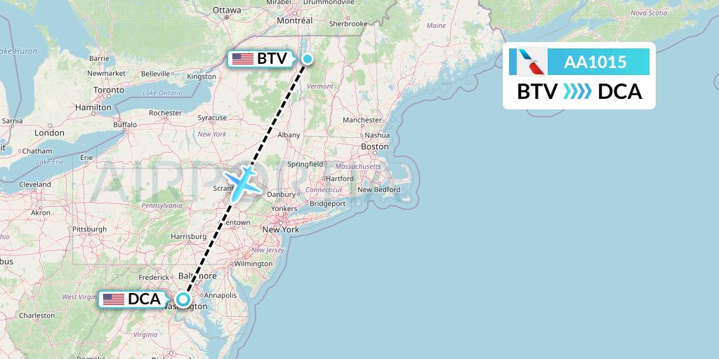 AA1015 American Airlines Flight Map: Burlington to Washington