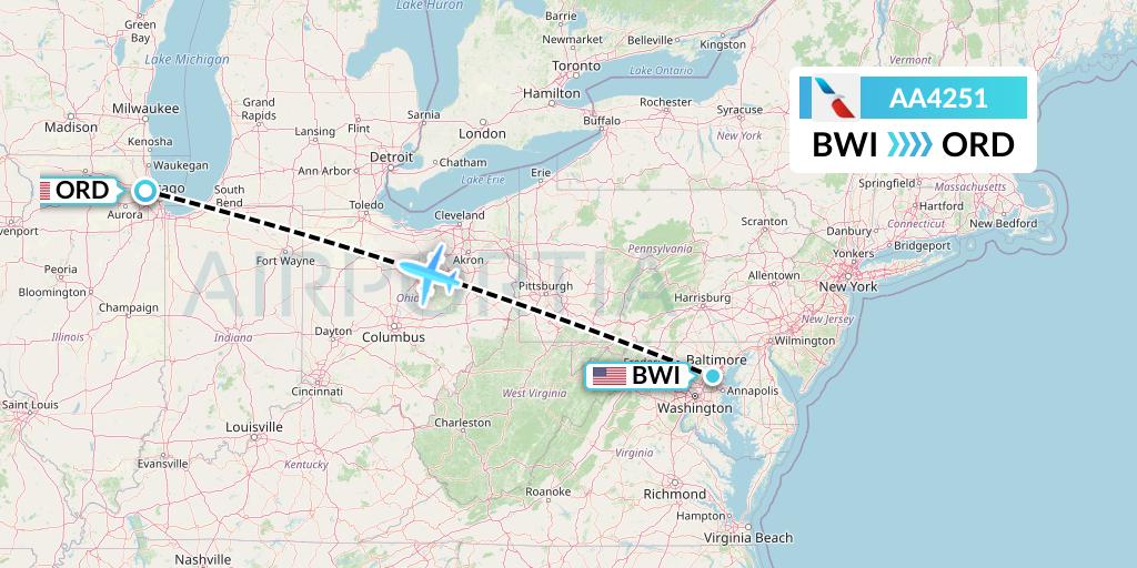 AA4251 American Airlines Flight Map: Baltimore to Chicago