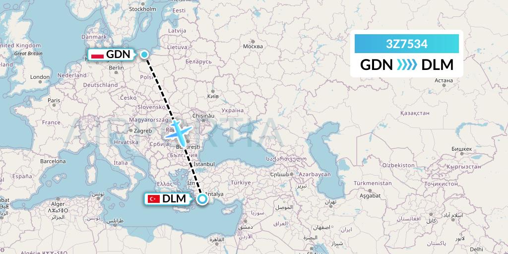 3Z7534 Travel Service Polska Flight Map: Gdansk to Dalaman