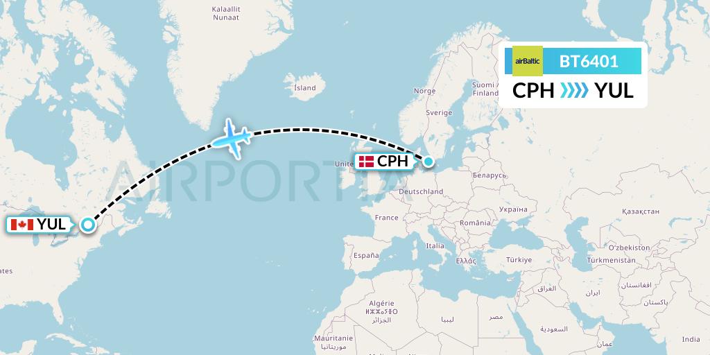 BT6401 Air Baltic Flight Map: Copenhagen to Montreal