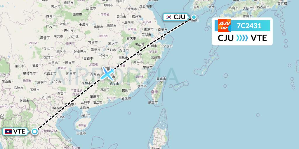 7C2431 Jeju Air Flight Map: Jeju to Vientiane