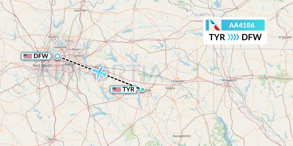 AA4186 American Airlines Flight Map: Tyler to Dallas