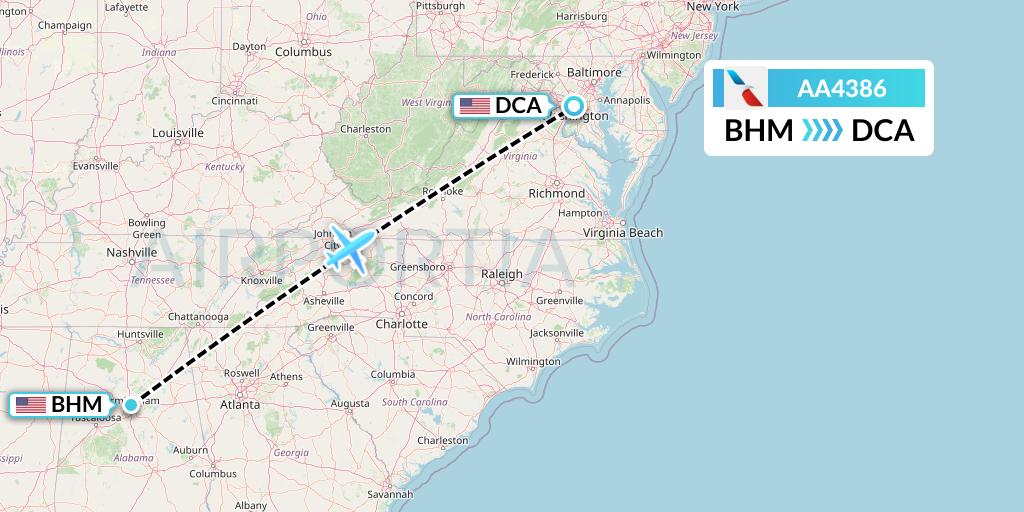 AA4386 American Airlines Flight Map: Birmingham to Washington