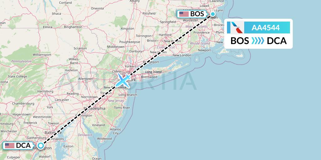 AA4544 American Airlines Flight Map: Boston to Washington
