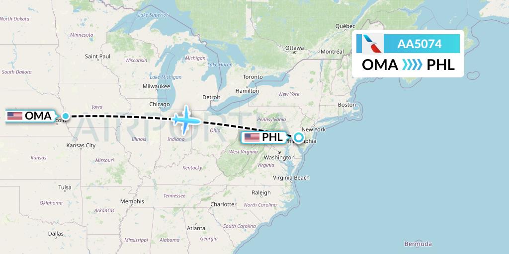 AA5074 American Airlines Flight Map: Omaha to Philadelphia