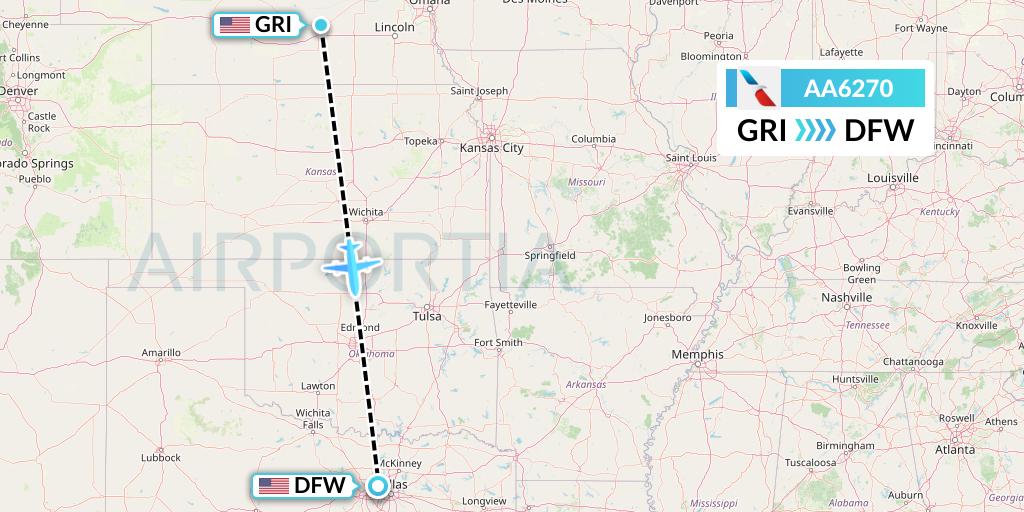 AA6270 American Airlines Flight Map: Grand Island to Dallas