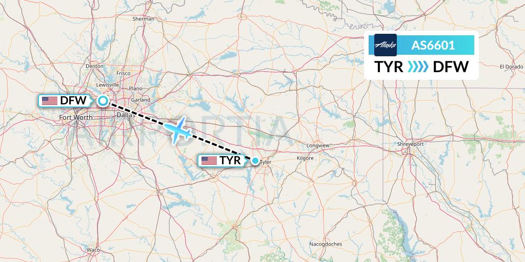 AS6601 Alaska Airlines Flight Map: Tyler to Dallas