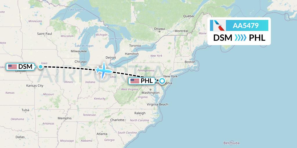AA5479 American Airlines Flight Map: Des Moines to Philadelphia
