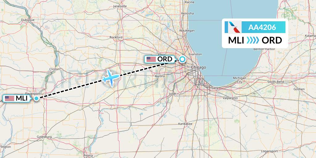 AA4206 American Airlines Flight Map: Moline to Chicago
